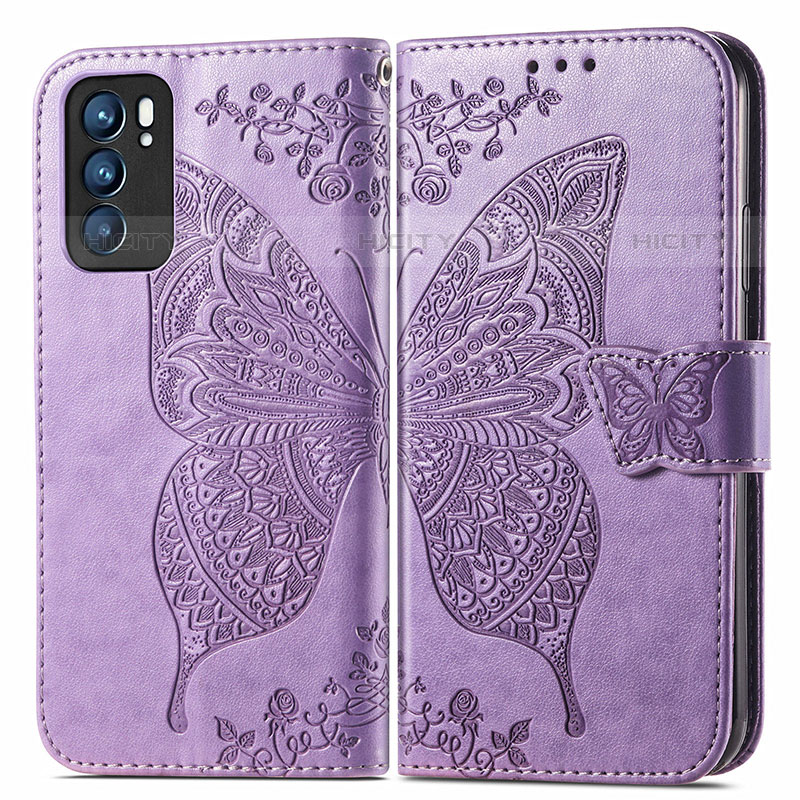 Funda de Cuero Cartera con Soporte Mariposa Carcasa para Oppo Reno6 5G Purpura Claro