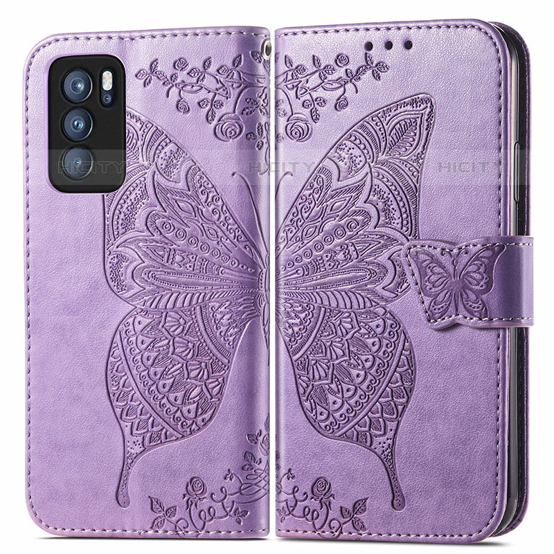 Funda de Cuero Cartera con Soporte Mariposa Carcasa para Oppo Reno6 Pro 5G India Purpura Claro