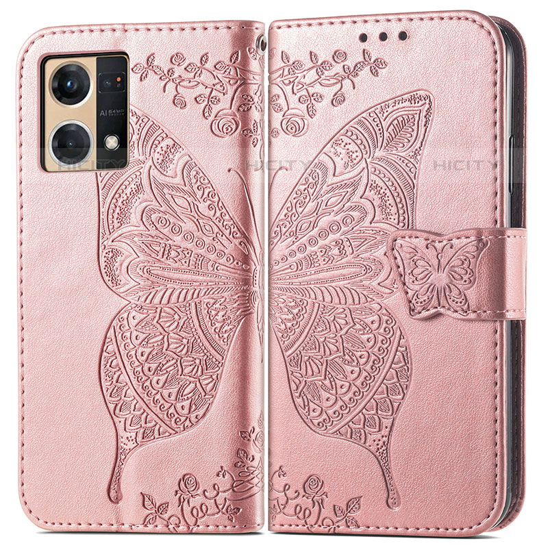 Funda de Cuero Cartera con Soporte Mariposa Carcasa para Oppo Reno7 4G Rosa