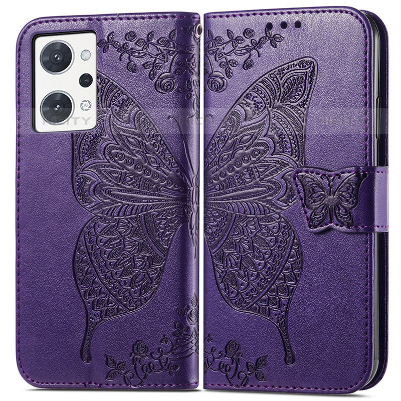 Funda de Cuero Cartera con Soporte Mariposa Carcasa para Oppo Reno7 A Morado