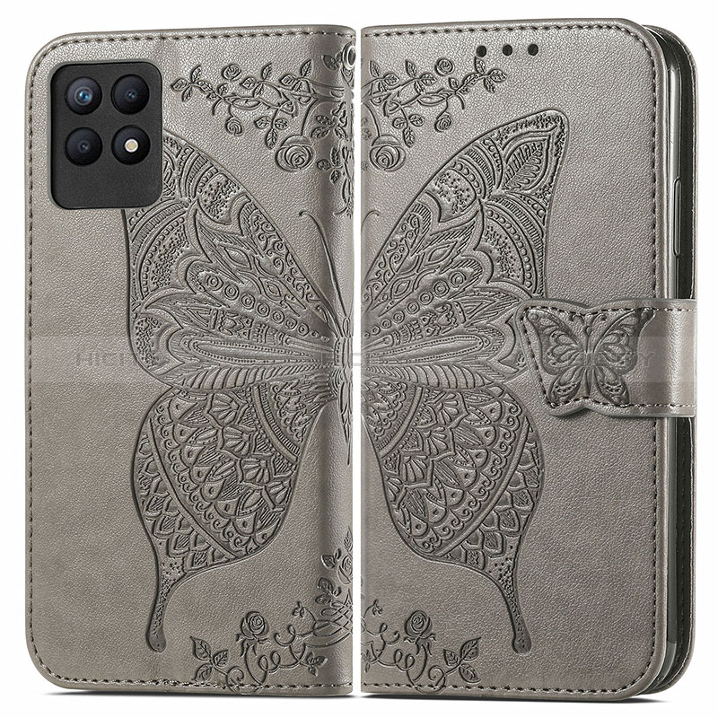 Funda de Cuero Cartera con Soporte Mariposa Carcasa para Realme 8i Gris