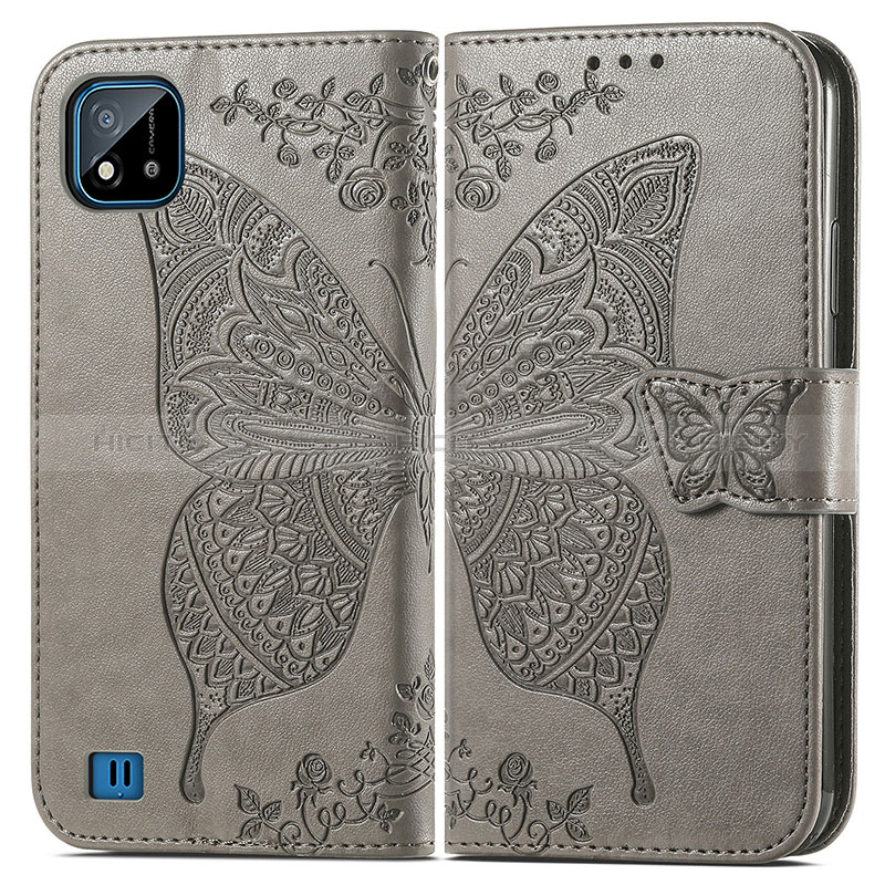 Funda de Cuero Cartera con Soporte Mariposa Carcasa para Realme C11 (2021) Gris