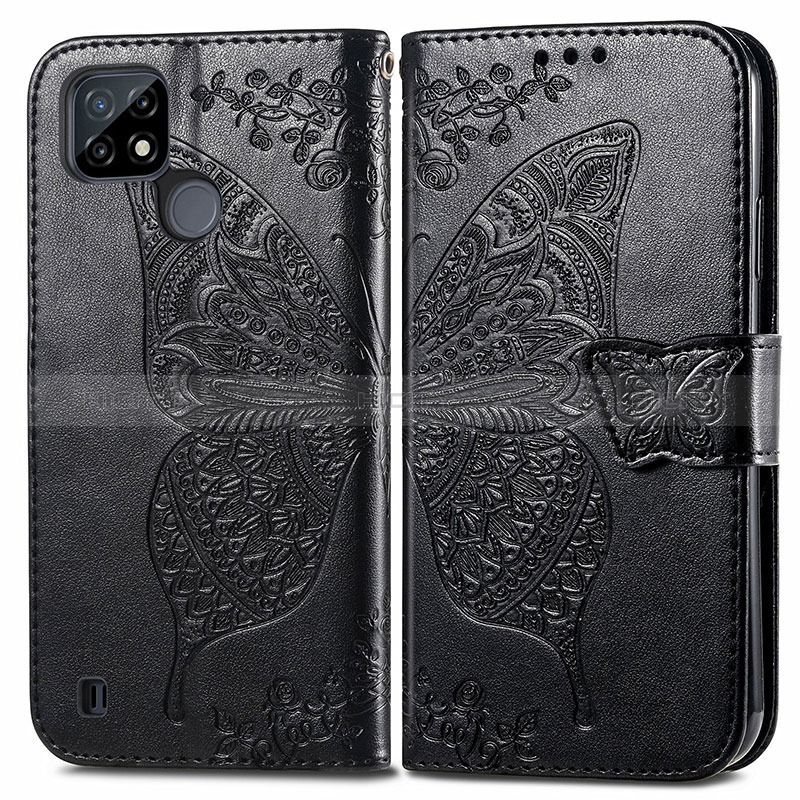 Funda de Cuero Cartera con Soporte Mariposa Carcasa para Realme C21 Negro