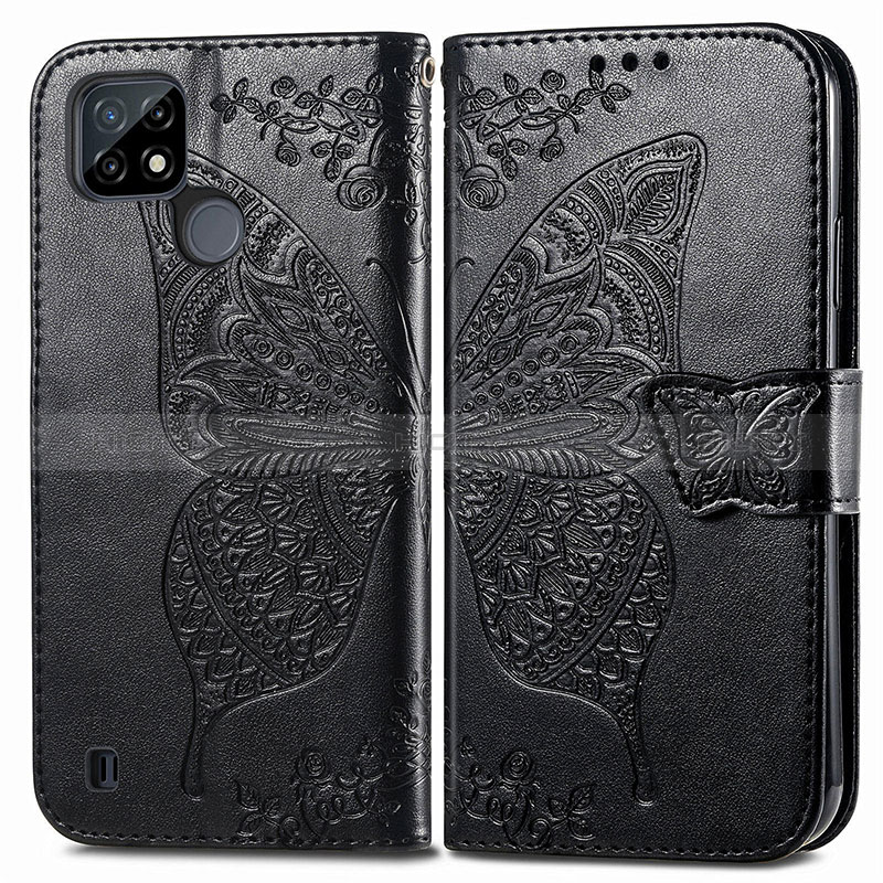 Funda de Cuero Cartera con Soporte Mariposa Carcasa para Realme C25Y India Negro