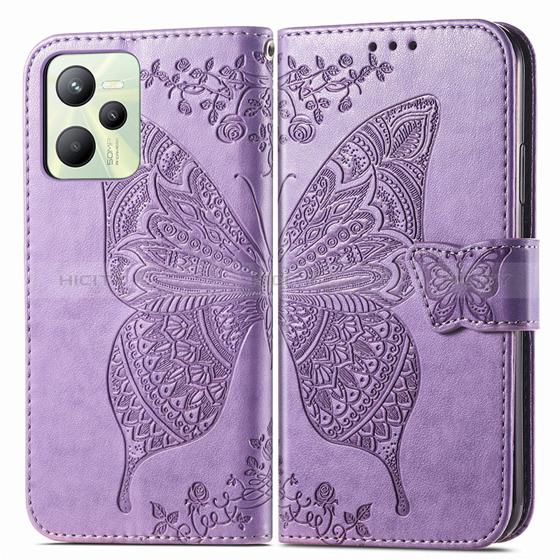 Funda de Cuero Cartera con Soporte Mariposa Carcasa para Realme C35 Purpura Claro