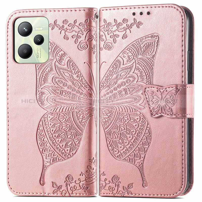 Funda de Cuero Cartera con Soporte Mariposa Carcasa para Realme Narzo 50A Prime Oro Rosa