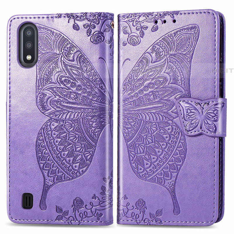 Funda de Cuero Cartera con Soporte Mariposa Carcasa para Samsung Galaxy A01 SM-A015 Purpura Claro