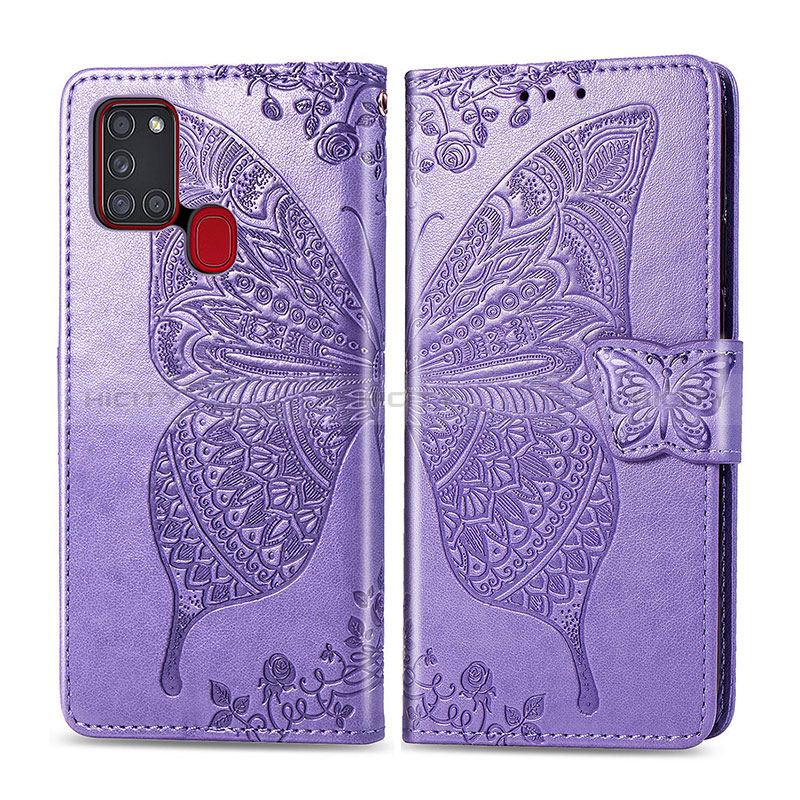 Funda de Cuero Cartera con Soporte Mariposa Carcasa para Samsung Galaxy A21s Purpura Claro