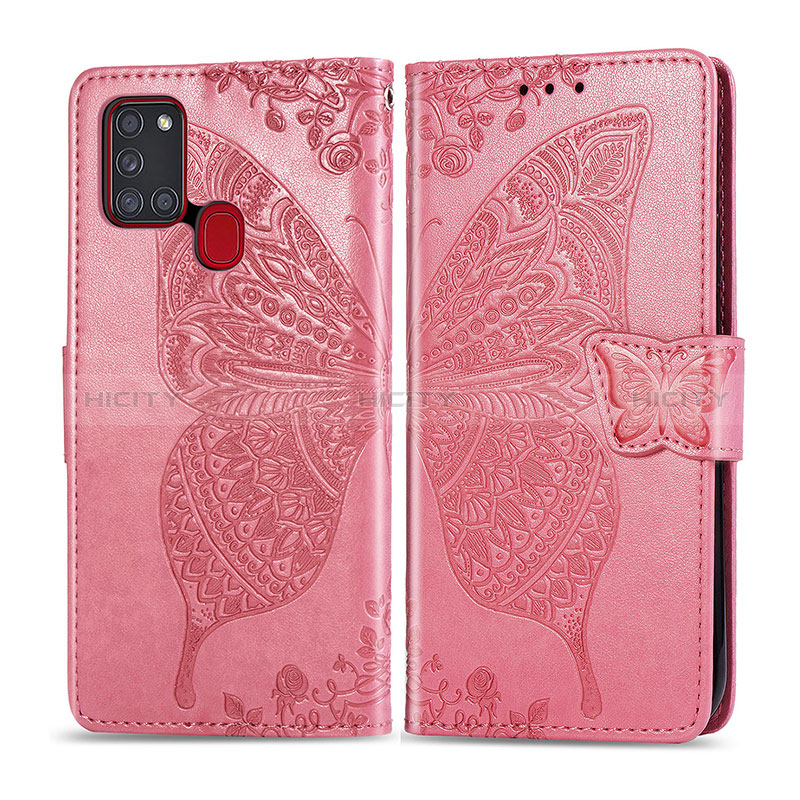 Funda de Cuero Cartera con Soporte Mariposa Carcasa para Samsung Galaxy A21s Rosa Roja