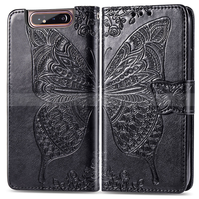 Funda de Cuero Cartera con Soporte Mariposa Carcasa para Samsung Galaxy A80 Negro