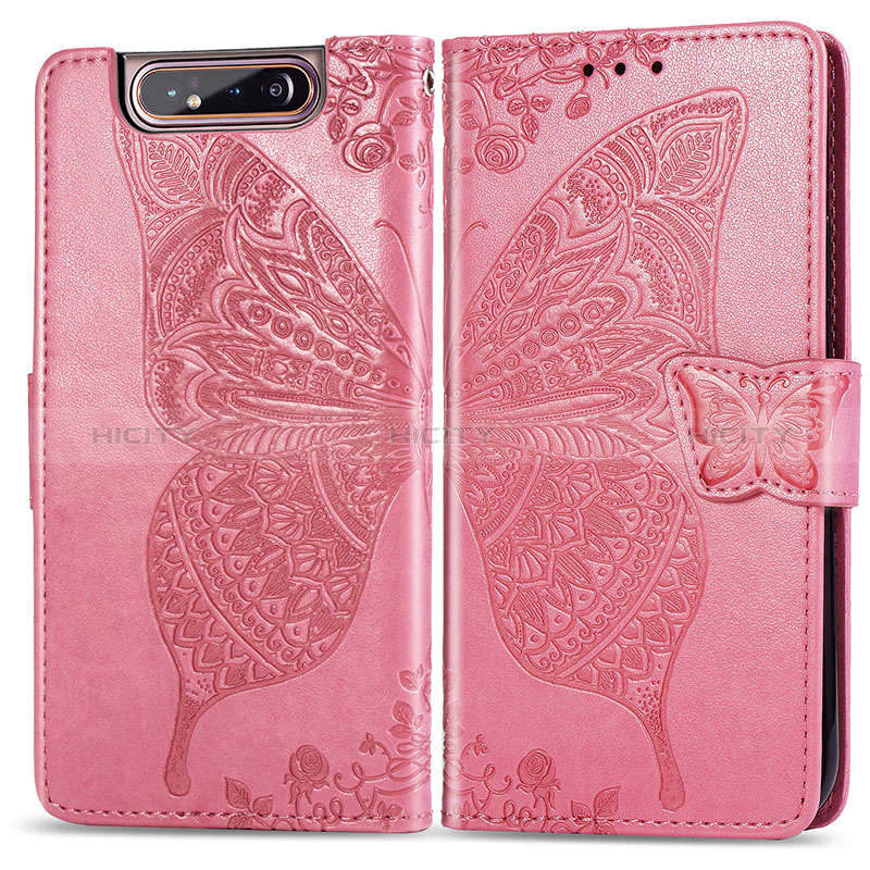 Funda de Cuero Cartera con Soporte Mariposa Carcasa para Samsung Galaxy A80 Rosa Roja