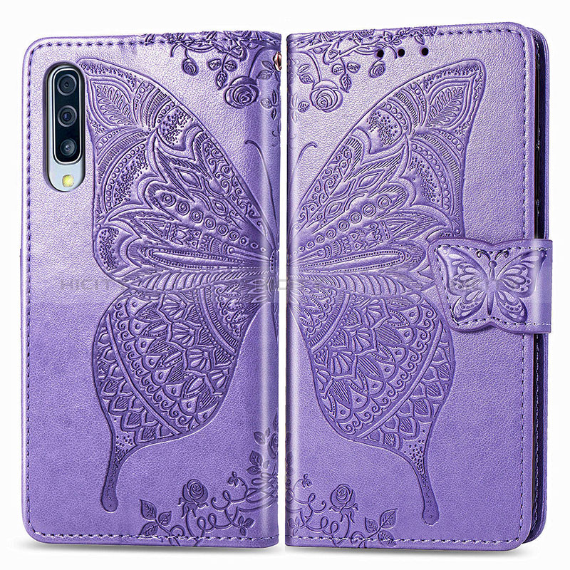 Funda de Cuero Cartera con Soporte Mariposa Carcasa para Samsung Galaxy A90 5G Purpura Claro