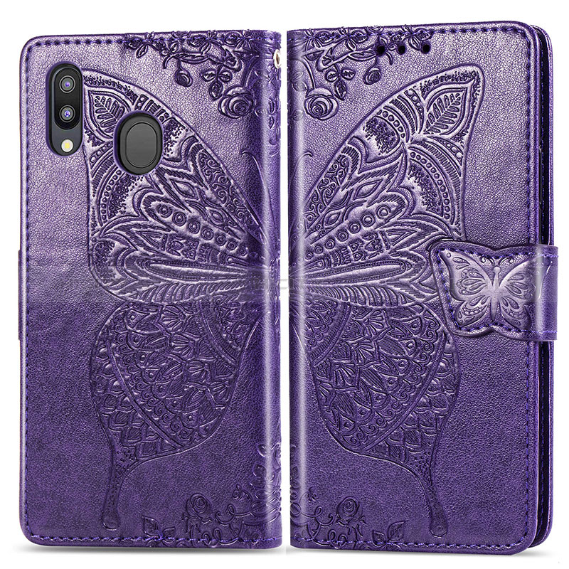 Funda de Cuero Cartera con Soporte Mariposa Carcasa para Samsung Galaxy M20 Morado