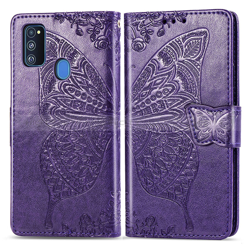 Funda de Cuero Cartera con Soporte Mariposa Carcasa para Samsung Galaxy M21 Morado