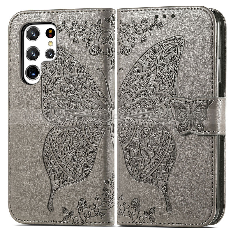 Funda de Cuero Cartera con Soporte Mariposa Carcasa para Samsung Galaxy S24 Ultra 5G Gris