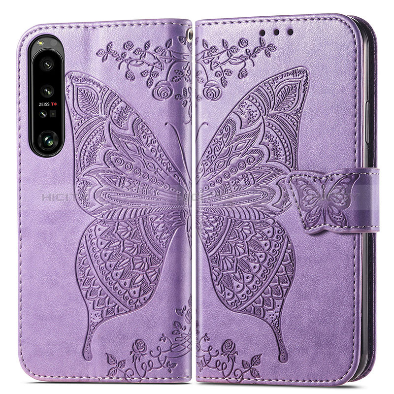 Funda de Cuero Cartera con Soporte Mariposa Carcasa para Sony Xperia 1 IV Purpura Claro