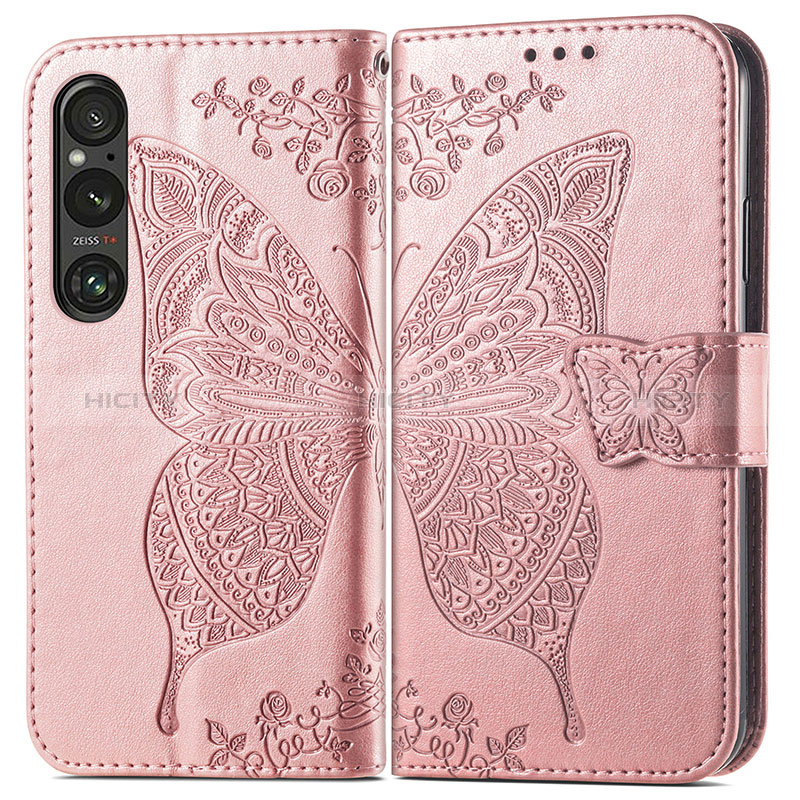 Funda de Cuero Cartera con Soporte Mariposa Carcasa para Sony Xperia 1 V Oro Rosa