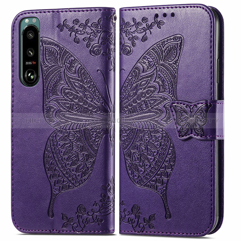 Funda de Cuero Cartera con Soporte Mariposa Carcasa para Sony Xperia 5 III Morado