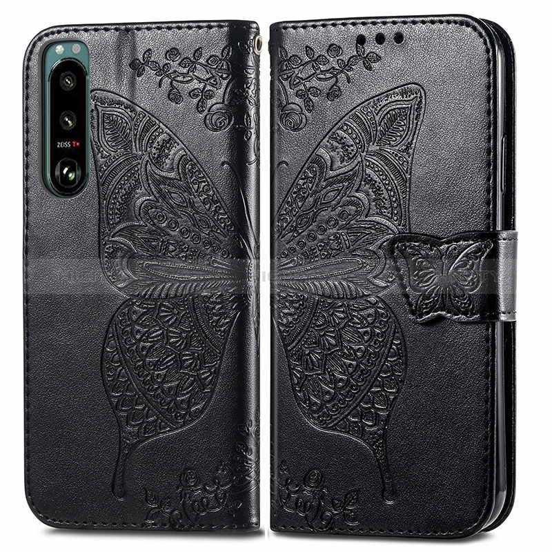 Funda de Cuero Cartera con Soporte Mariposa Carcasa para Sony Xperia 5 III SO-53B Negro