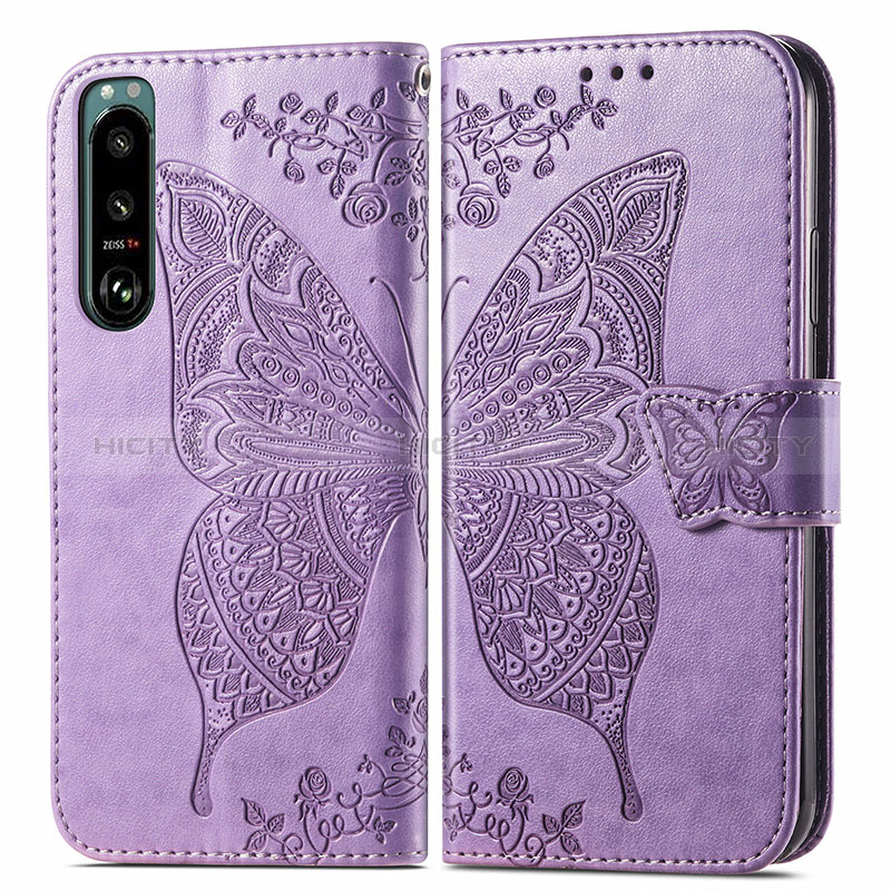 Funda de Cuero Cartera con Soporte Mariposa Carcasa para Sony Xperia 5 IV Purpura Claro