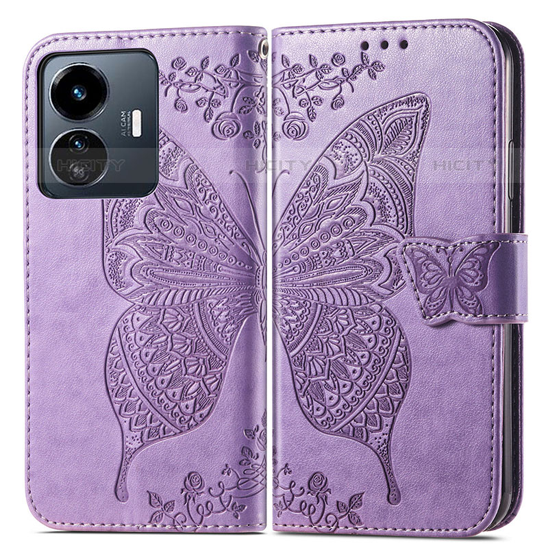 Funda de Cuero Cartera con Soporte Mariposa Carcasa para Vivo iQOO Z6 Lite 5G Purpura Claro