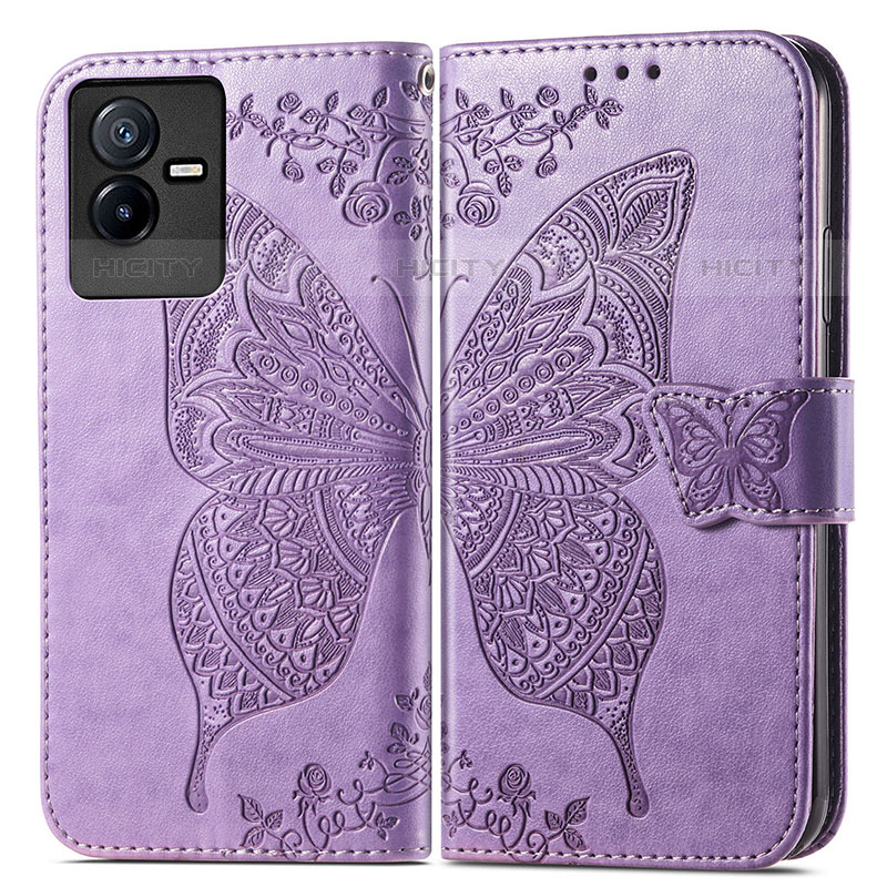 Funda de Cuero Cartera con Soporte Mariposa Carcasa para Vivo iQOO Z6x Purpura Claro