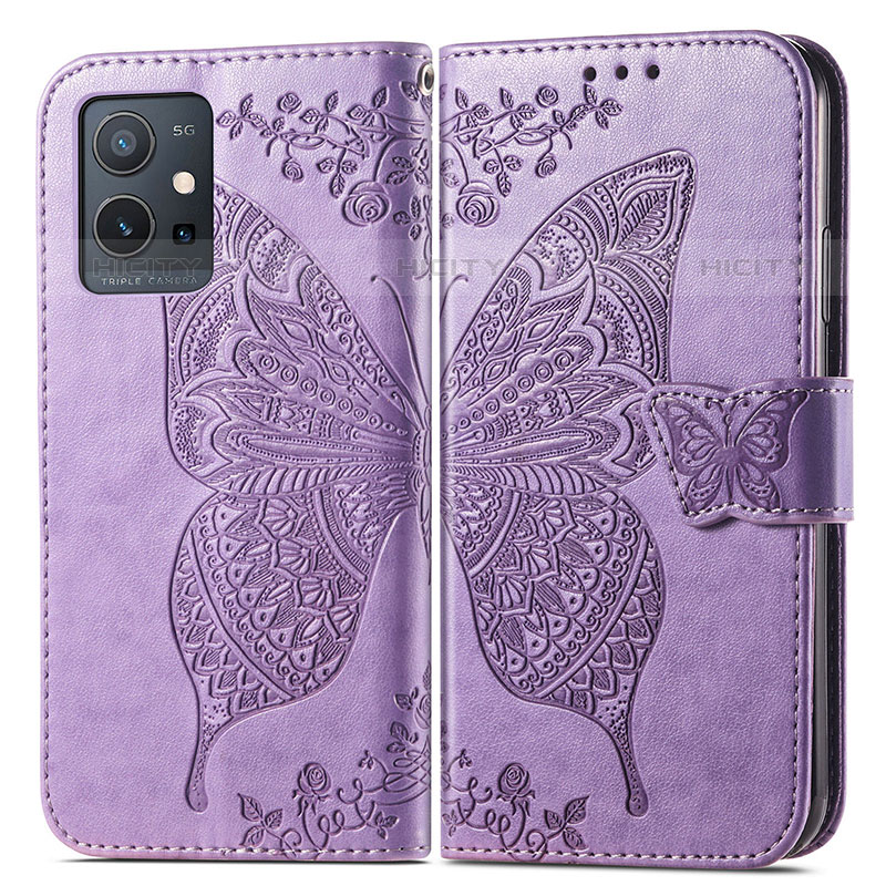 Funda de Cuero Cartera con Soporte Mariposa Carcasa para Vivo T1 5G India Purpura Claro