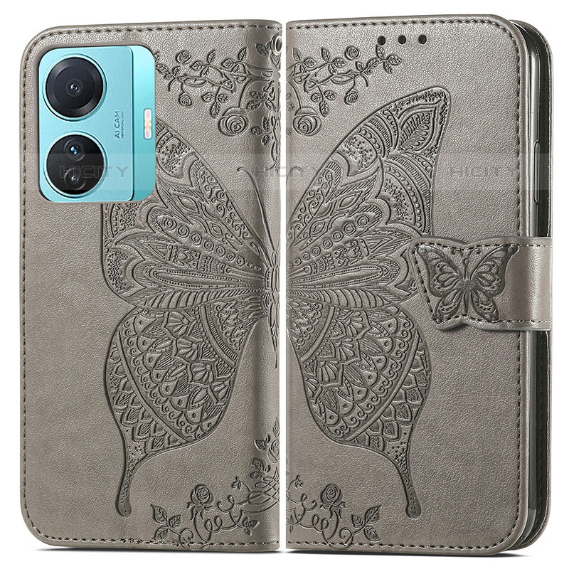 Funda de Cuero Cartera con Soporte Mariposa Carcasa para Vivo T1 Pro 5G Gris