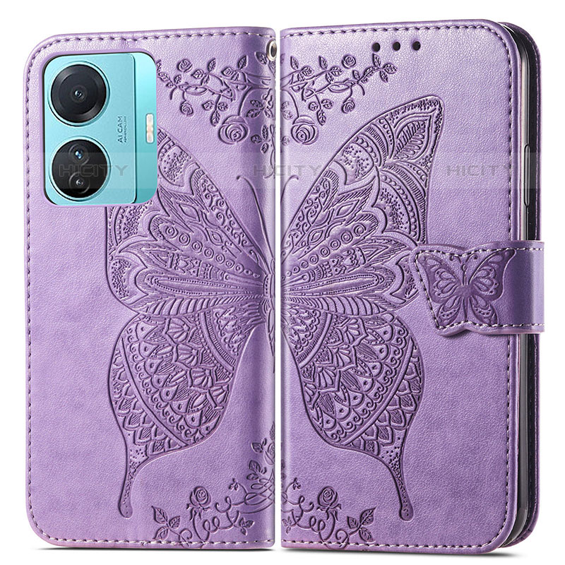 Funda de Cuero Cartera con Soporte Mariposa Carcasa para Vivo T1 Pro 5G Purpura Claro