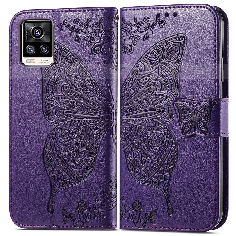 Funda de Cuero Cartera con Soporte Mariposa Carcasa para Vivo V20 (2021) Morado