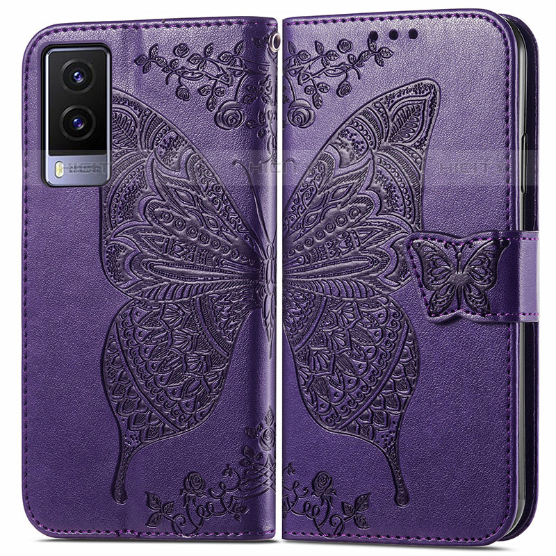 Funda de Cuero Cartera con Soporte Mariposa Carcasa para Vivo V21e 5G Morado