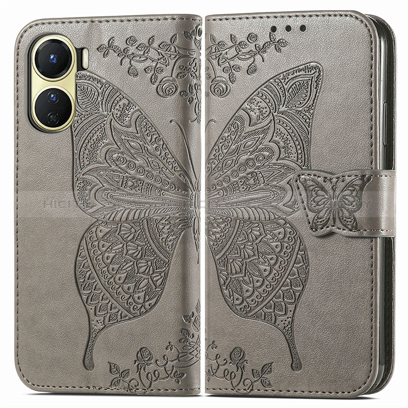 Funda de Cuero Cartera con Soporte Mariposa Carcasa para Vivo Y02S Gris