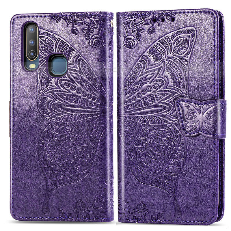 Funda de Cuero Cartera con Soporte Mariposa Carcasa para Vivo Y12 Morado