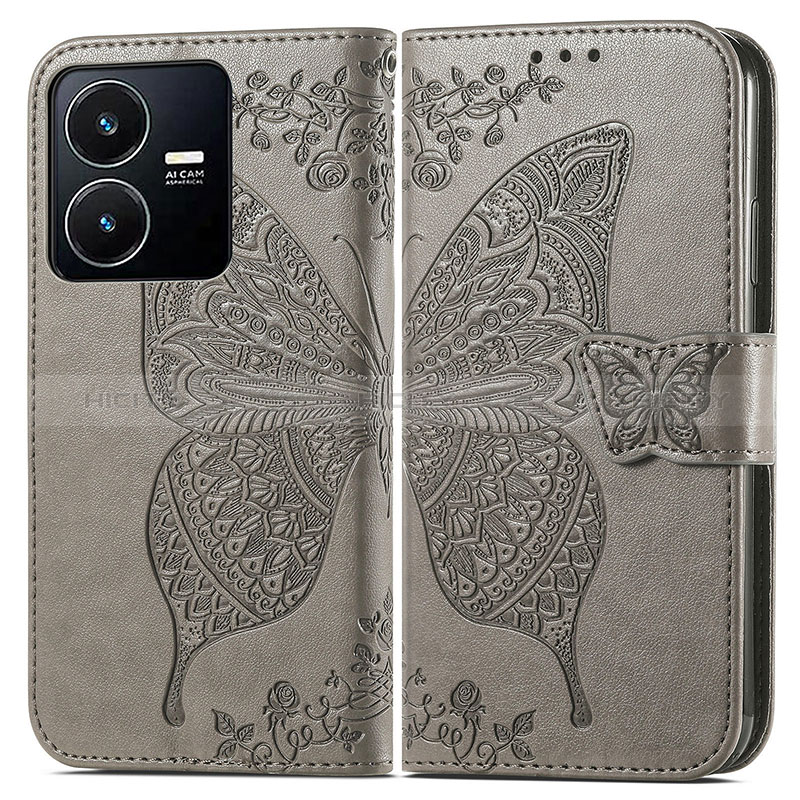 Funda de Cuero Cartera con Soporte Mariposa Carcasa para Vivo Y22 Gris