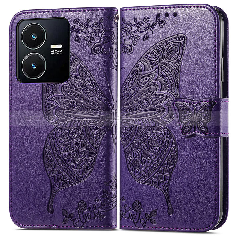 Funda de Cuero Cartera con Soporte Mariposa Carcasa para Vivo Y22 Morado