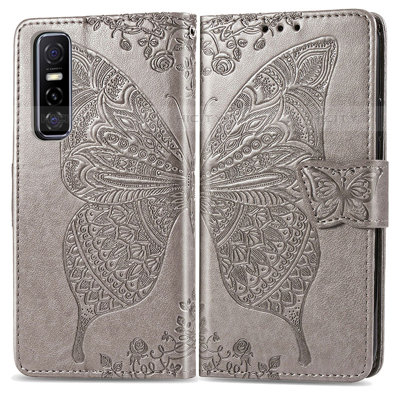 Funda de Cuero Cartera con Soporte Mariposa Carcasa para Vivo Y73s 5G Gris