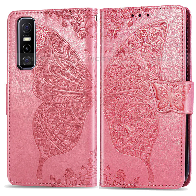 Funda de Cuero Cartera con Soporte Mariposa Carcasa para Vivo Y73s 5G Rosa Roja