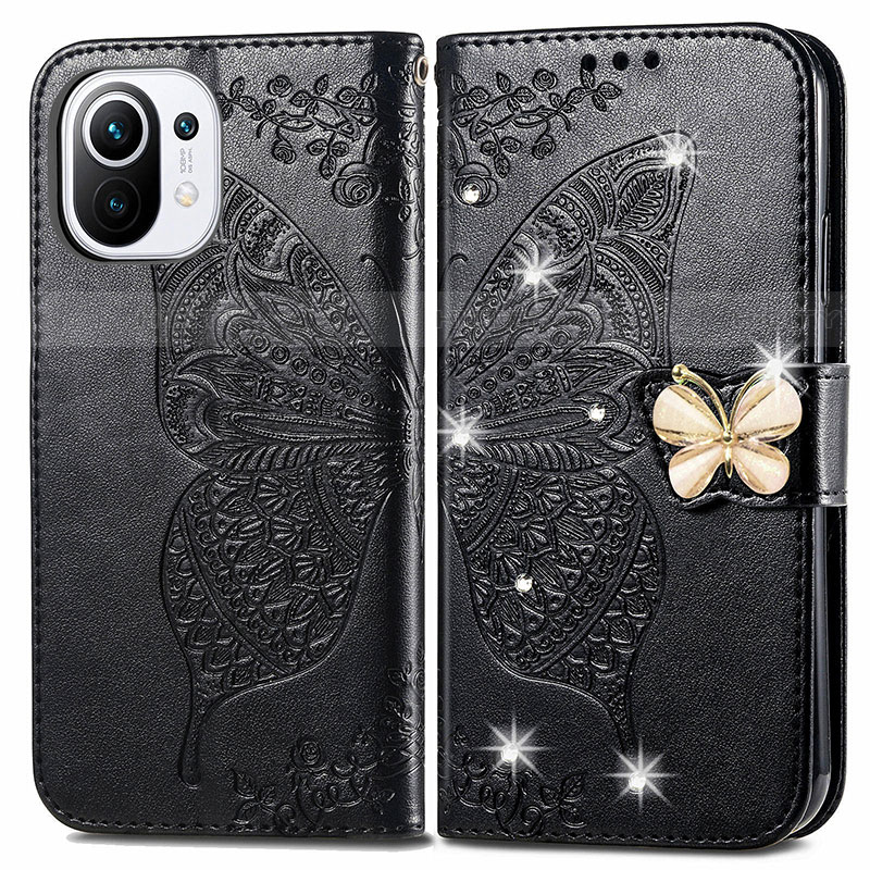 Funda de Cuero Cartera con Soporte Mariposa Carcasa para Xiaomi Mi 11 5G Negro