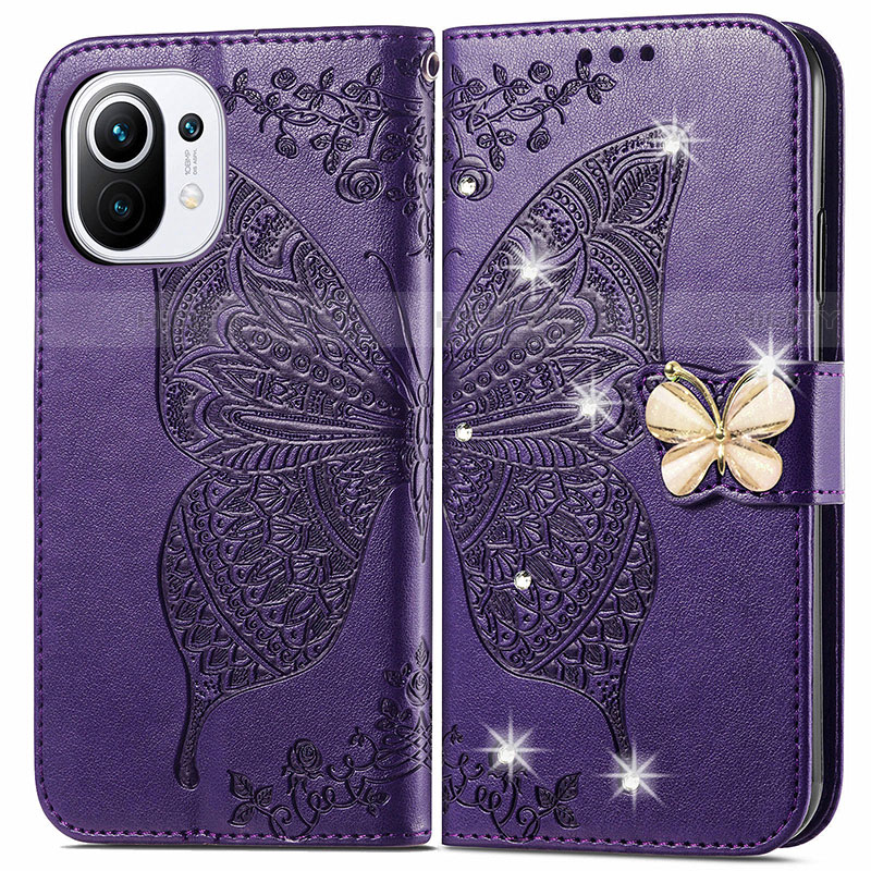 Funda de Cuero Cartera con Soporte Mariposa Carcasa para Xiaomi Mi 11 Lite 4G Morado