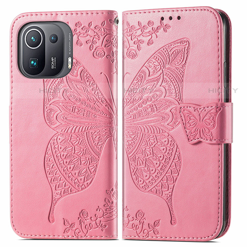 Funda de Cuero Cartera con Soporte Mariposa Carcasa para Xiaomi Mi 11 Pro 5G Rosa Roja