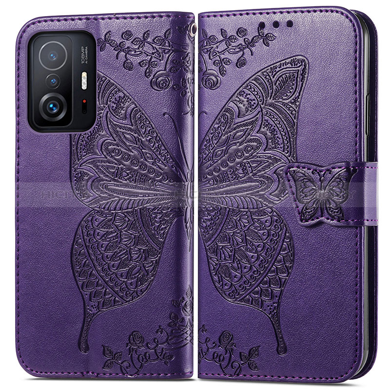 Funda de Cuero Cartera con Soporte Mariposa Carcasa para Xiaomi Mi 11T Pro 5G Morado