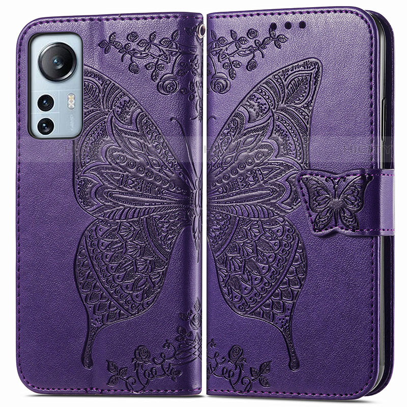 Funda de Cuero Cartera con Soporte Mariposa Carcasa para Xiaomi Mi 12 Pro 5G Morado