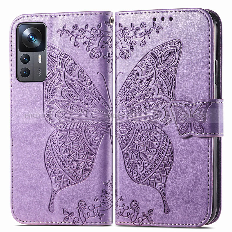 Funda de Cuero Cartera con Soporte Mariposa Carcasa para Xiaomi Mi 12T 5G Purpura Claro