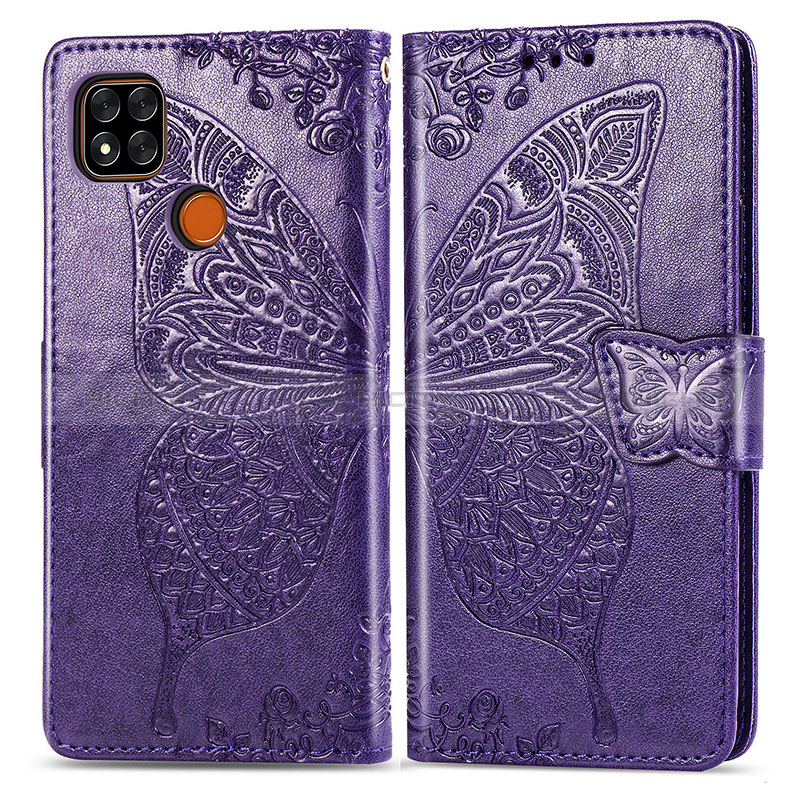 Funda de Cuero Cartera con Soporte Mariposa Carcasa para Xiaomi POCO C3 Morado