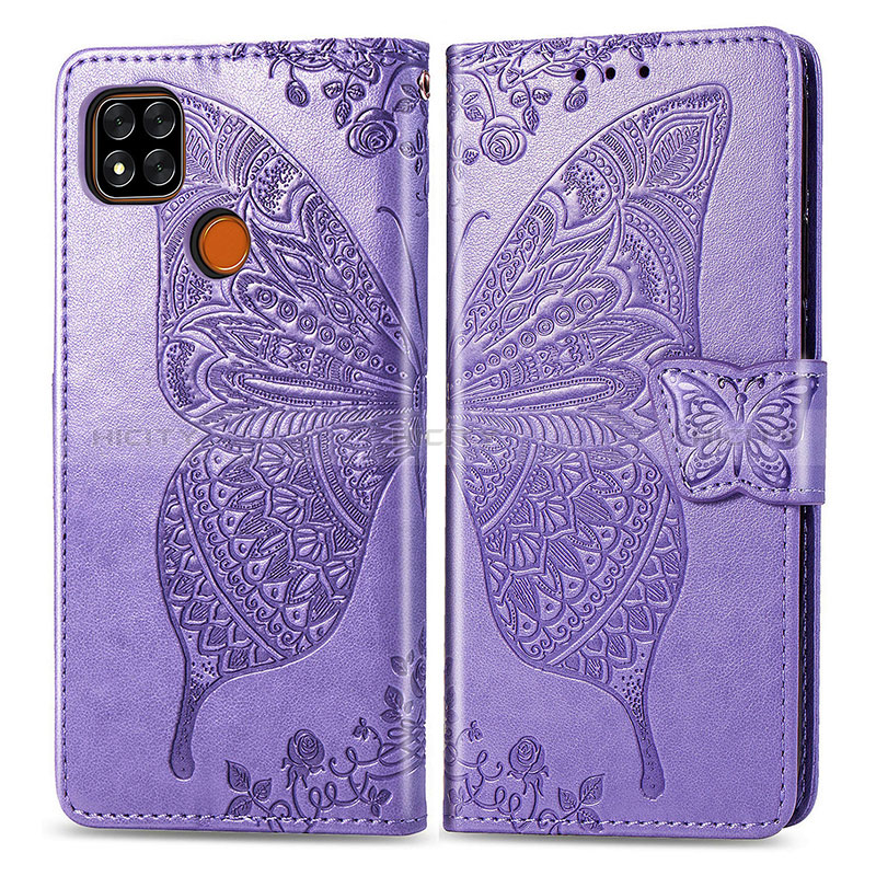 Funda de Cuero Cartera con Soporte Mariposa Carcasa para Xiaomi POCO C3 Purpura Claro