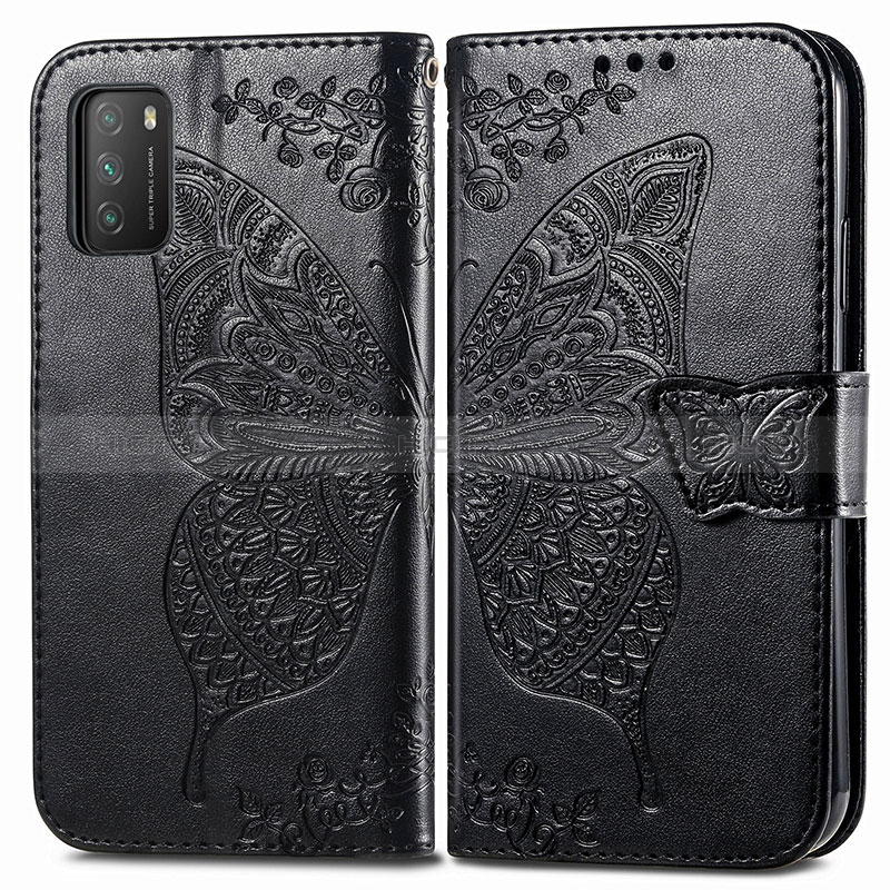 Funda de Cuero Cartera con Soporte Mariposa Carcasa para Xiaomi Poco M3 Negro