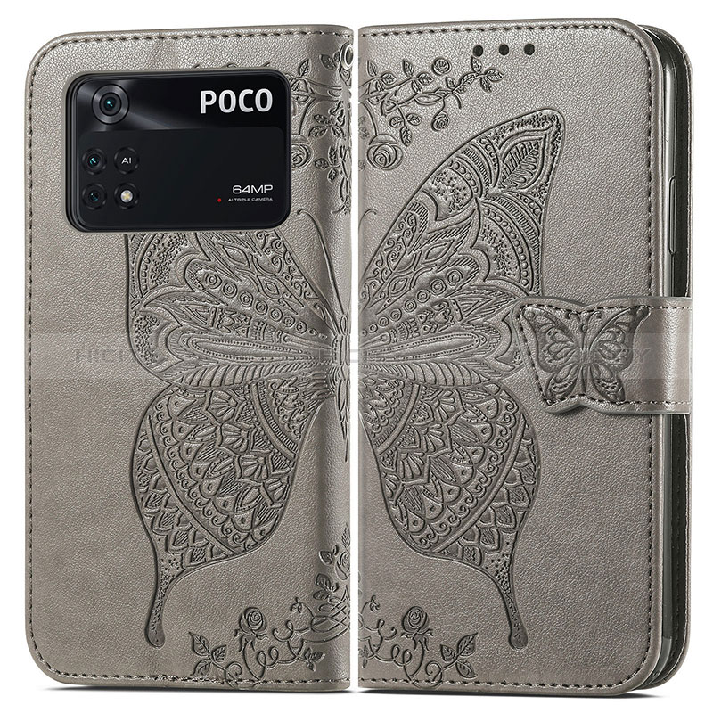 Funda de Cuero Cartera con Soporte Mariposa Carcasa para Xiaomi Poco M4 Pro 4G Gris