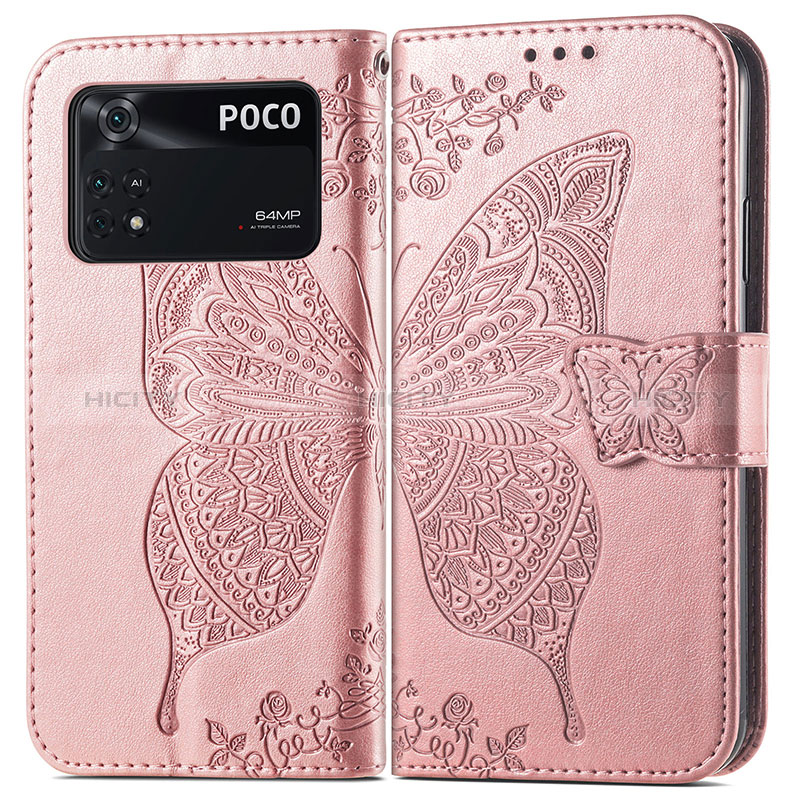 Funda de Cuero Cartera con Soporte Mariposa Carcasa para Xiaomi Poco M4 Pro 4G Rosa