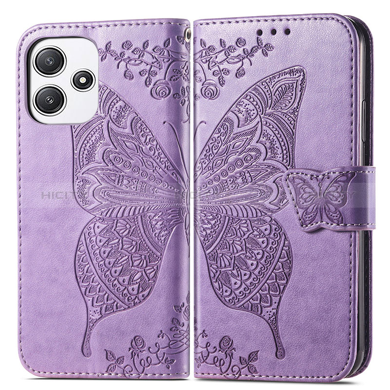 Funda de Cuero Cartera con Soporte Mariposa Carcasa para Xiaomi Poco M6 Pro 5G Purpura Claro