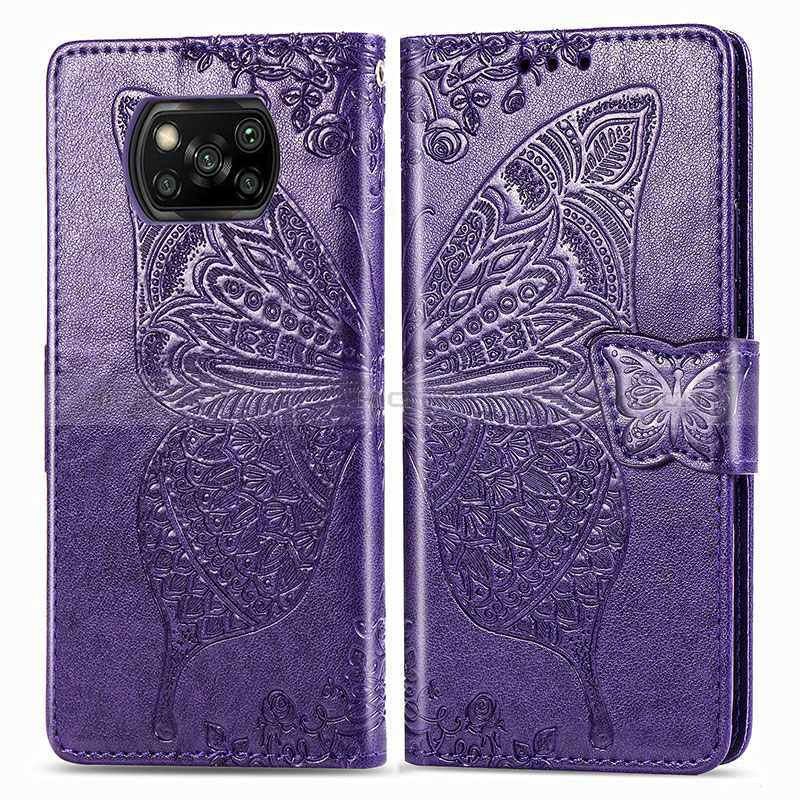 Funda de Cuero Cartera con Soporte Mariposa Carcasa para Xiaomi Poco X3 NFC Morado